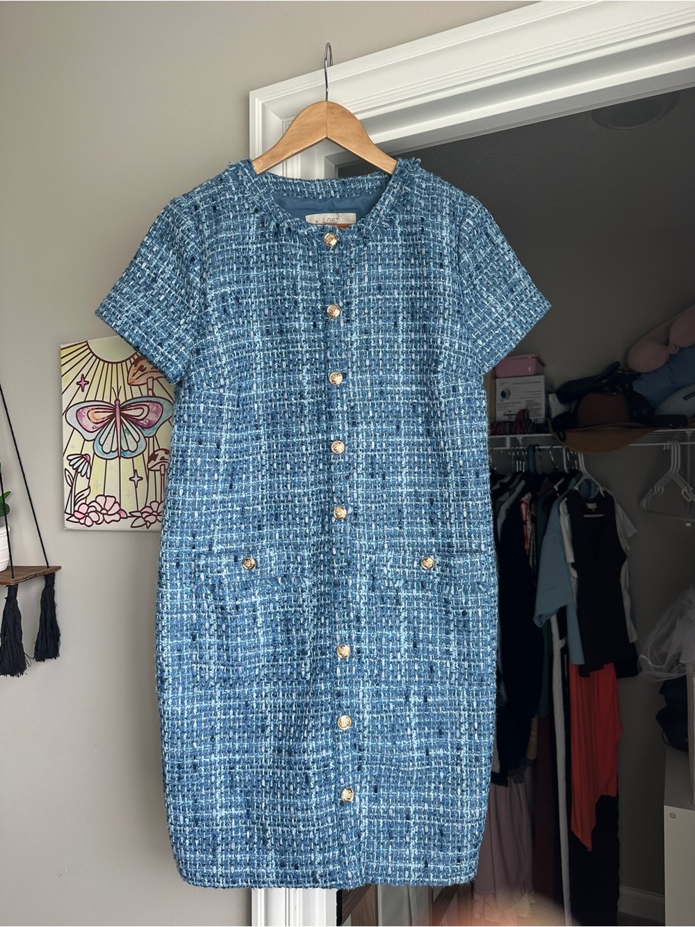 LOFT Blue Tweed Button-Front Dress